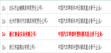 中国重点骨干模具企业排名34名